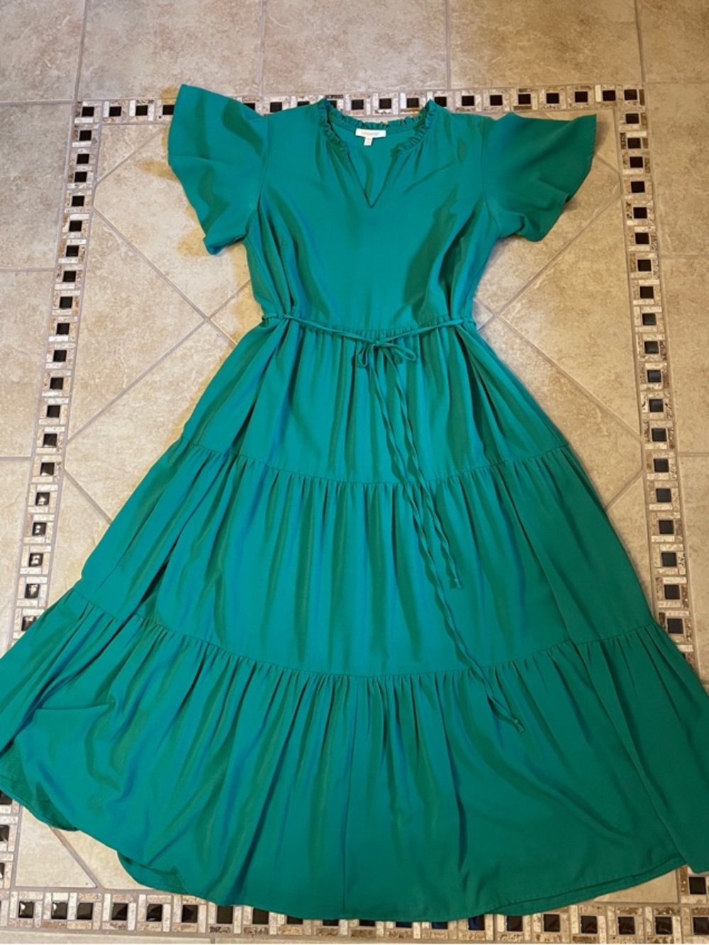 Loralette KellyGreen Tiered Maxi Dress Tie Waist & Pockets 14/16 Lane Bryant